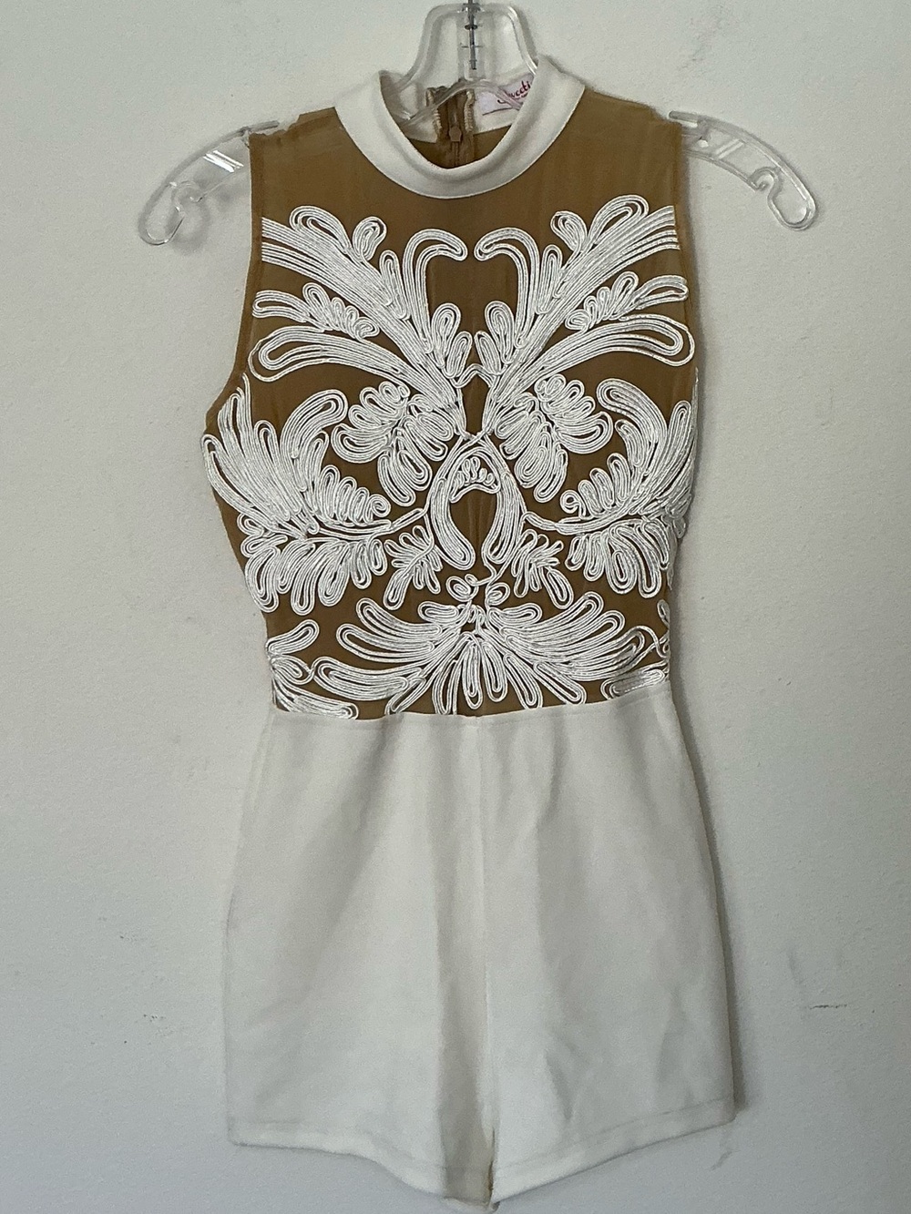 Sweeties Fashion Apparel Sleeveless White & Tan Embroidered Romper Dress